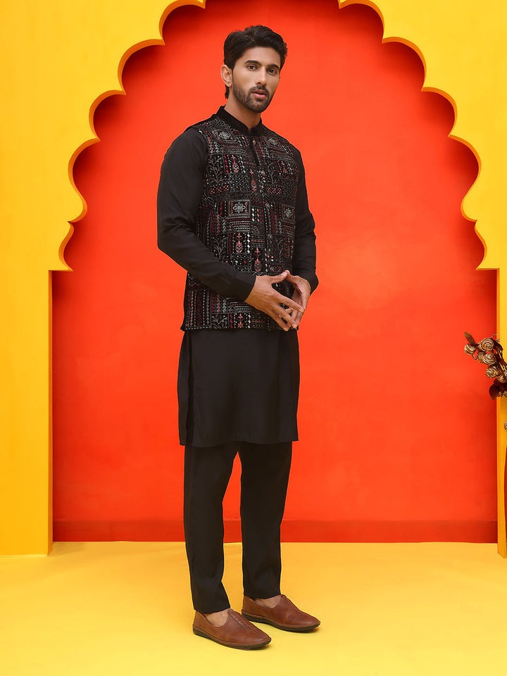 Embroidered Velvet Nehru Jacket With Solid Kurta Pyjama.