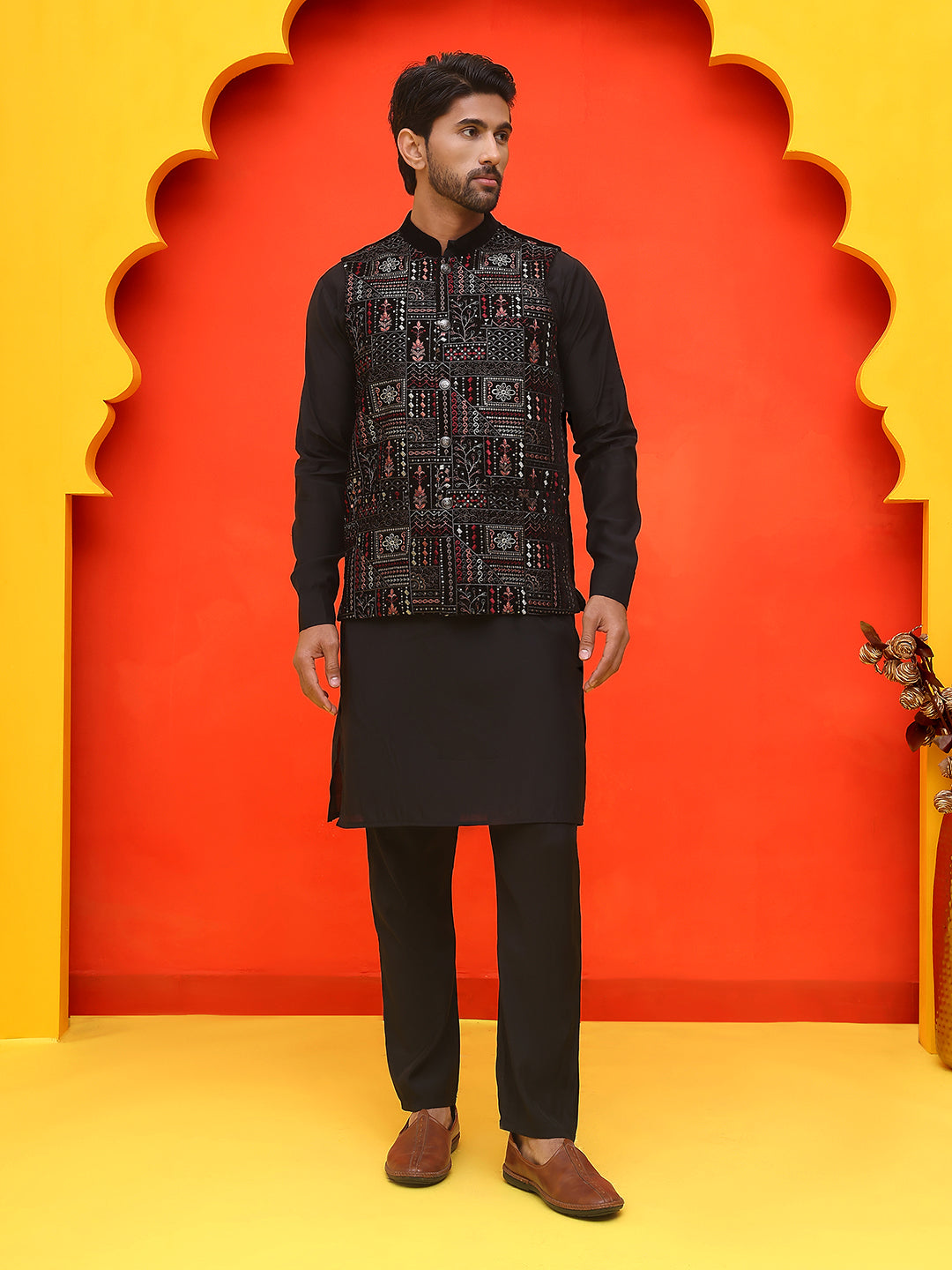 Embroidered Velvet Nehru Jacket With Solid Kurta Pyjama.