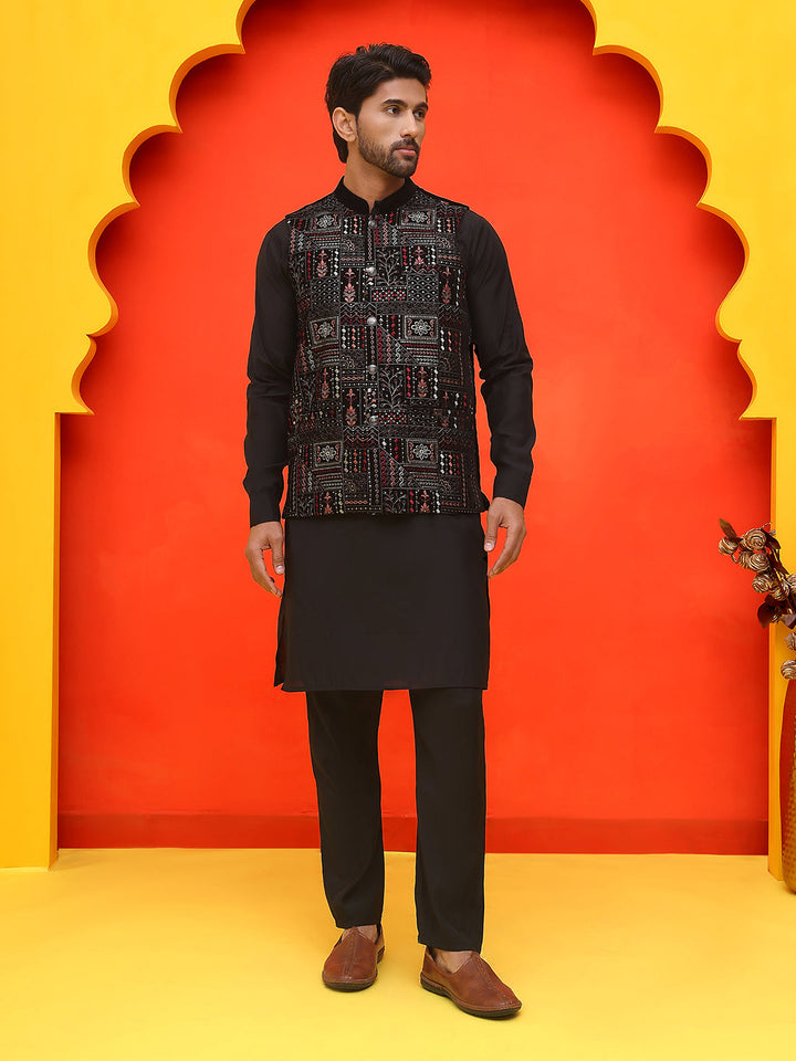 Embroidered Velvet Nehru Jacket With Solid Kurta Pyjama.