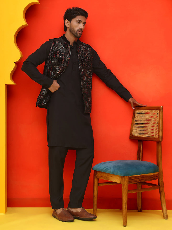 Embroidered Velvet Nehru Jacket With Solid Kurta Pyjama.