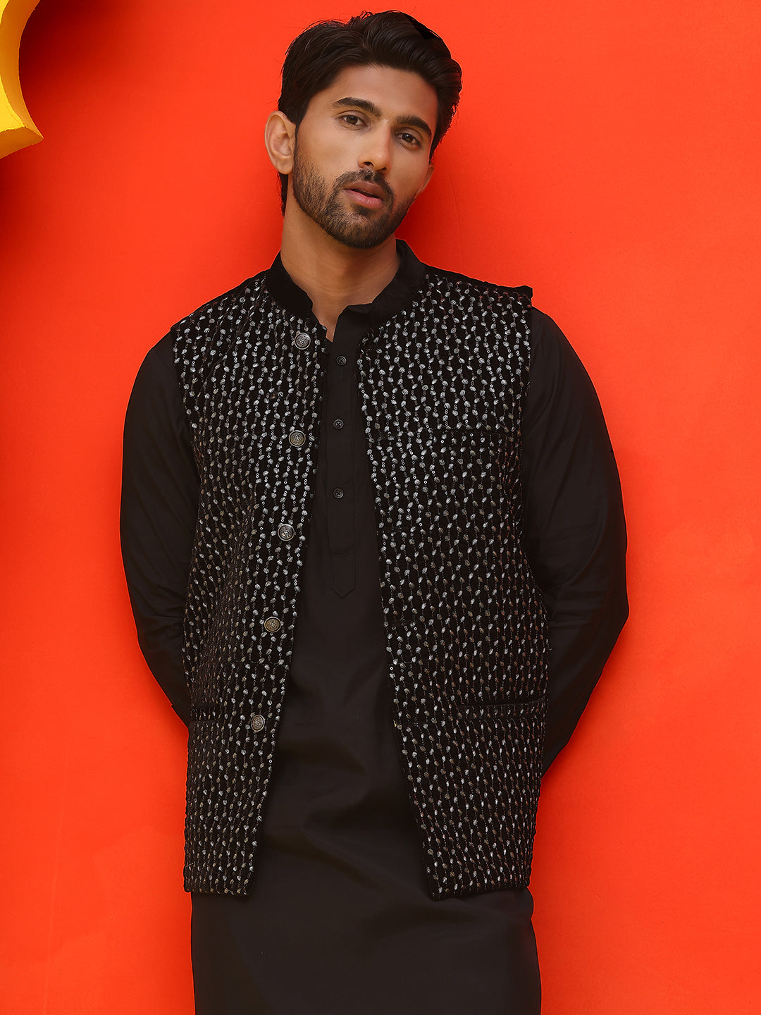 Embroidered Velvet Nehru Jacket With Solid Kurta Pyjama.