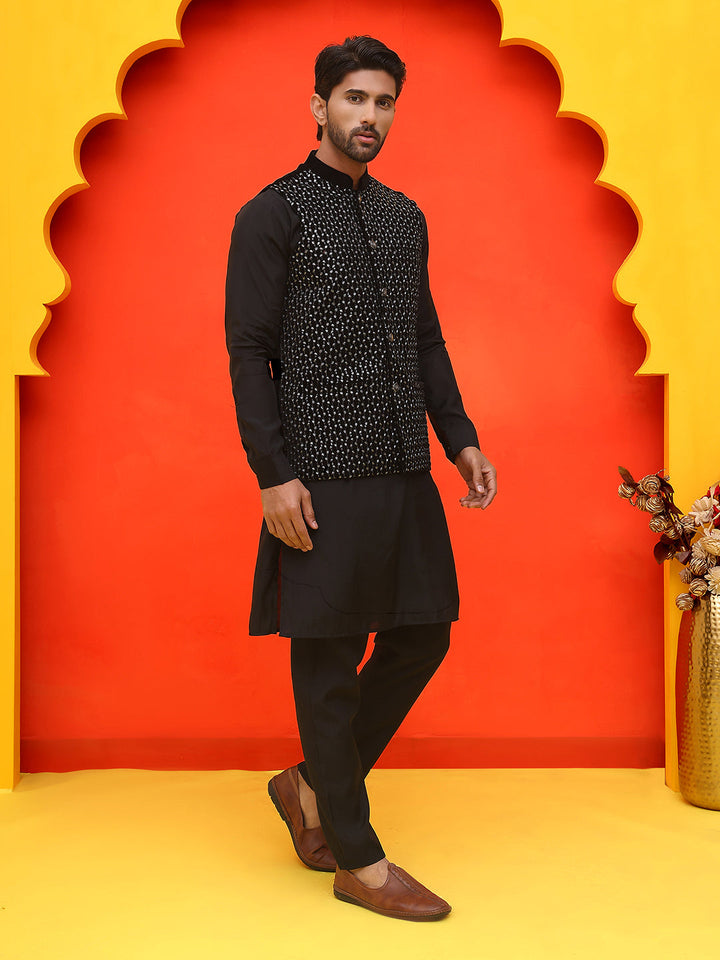 Embroidered Velvet Nehru Jacket With Solid Kurta Pyjama.
