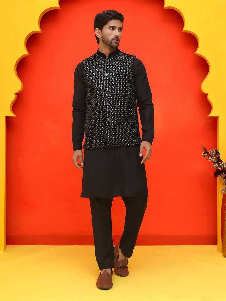 Embroidered Velvet Nehru Jacket With Solid Kurta Pyjama.