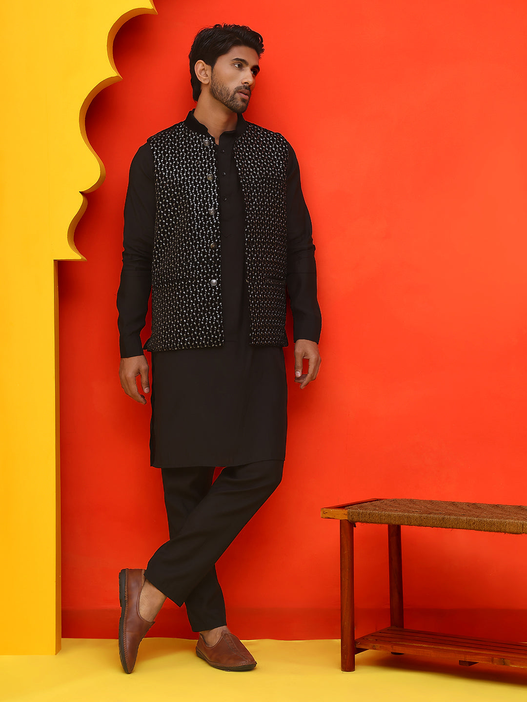 Embroidered Velvet Nehru Jacket With Solid Kurta Pyjama.