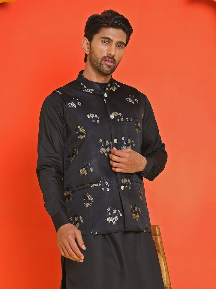 Embossed  Nehru Jacket With Solid Kurta Pyjama.