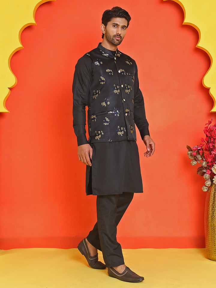 Embossed  Nehru Jacket With Solid Kurta Pyjama.
