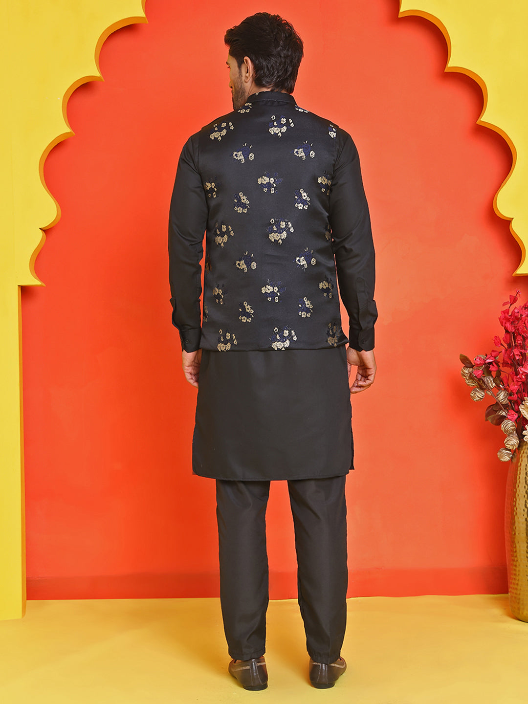 Embossed  Nehru Jacket With Solid Kurta Pyjama.