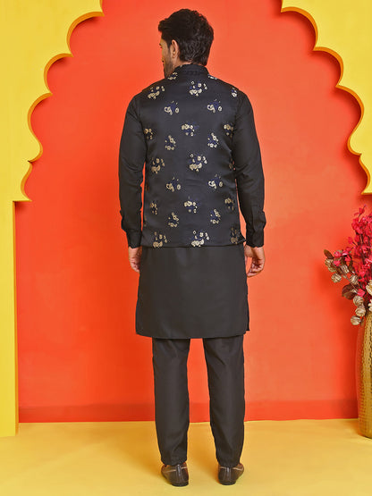 Embossed  Nehru Jacket With Solid Kurta Pyjama.