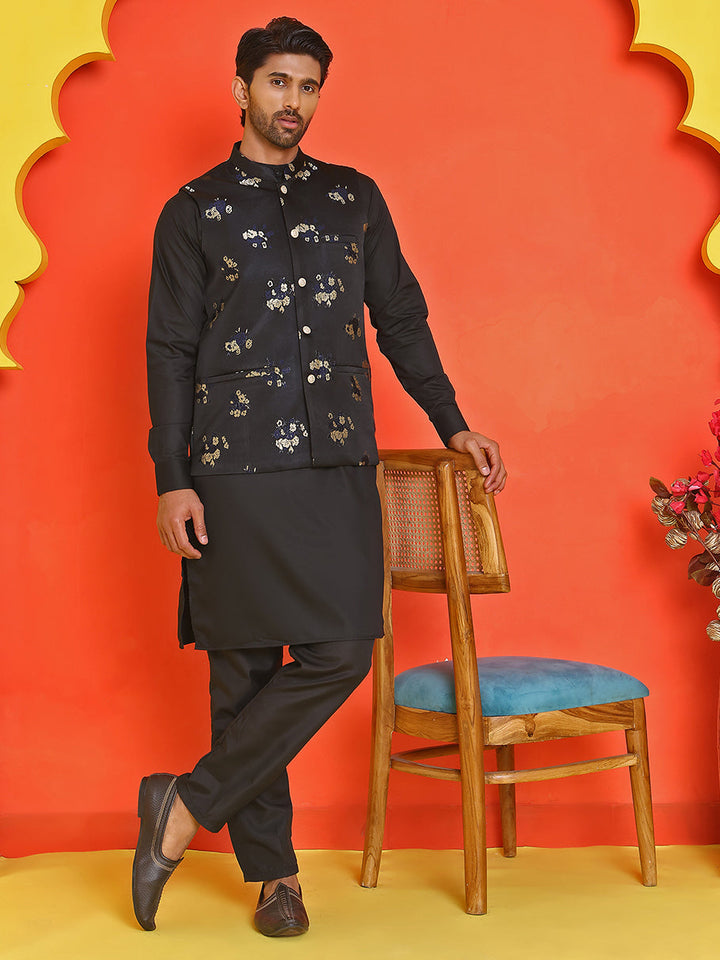 Embossed  Nehru Jacket With Solid Kurta Pyjama.