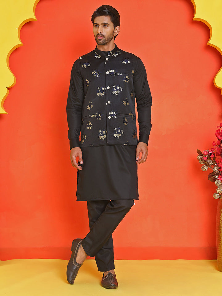 Embossed  Nehru Jacket With Solid Kurta Pyjama.