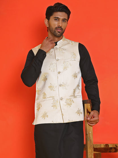 Embossed  Nehru Jacket With Solid Kurta Pyjama.