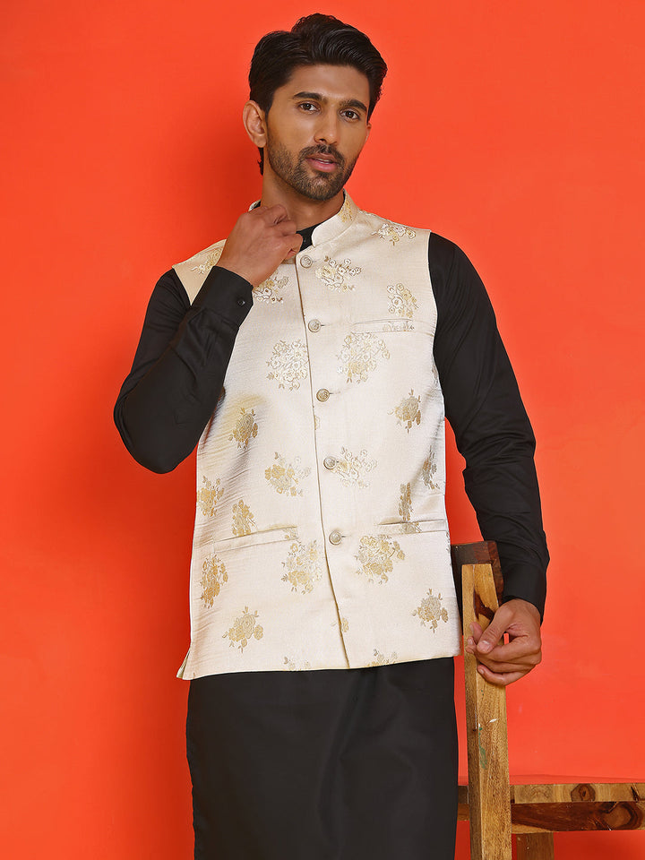 Embossed  Nehru Jacket With Solid Kurta Pyjama.