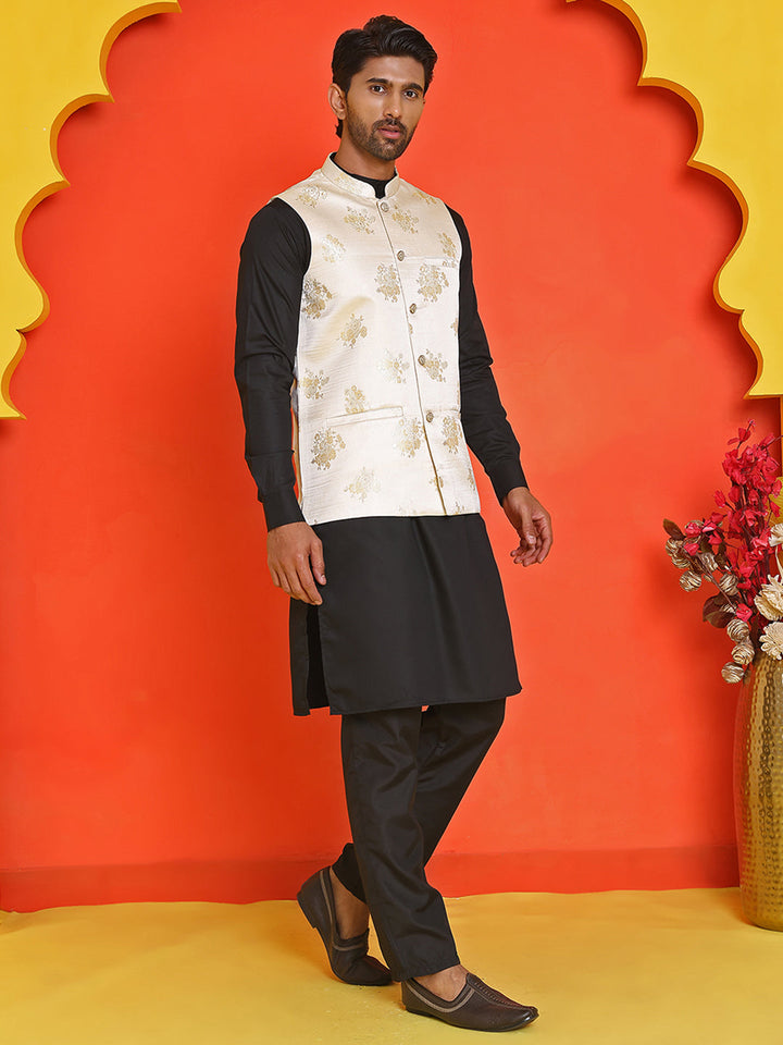 Embossed  Nehru Jacket With Solid Kurta Pyjama.