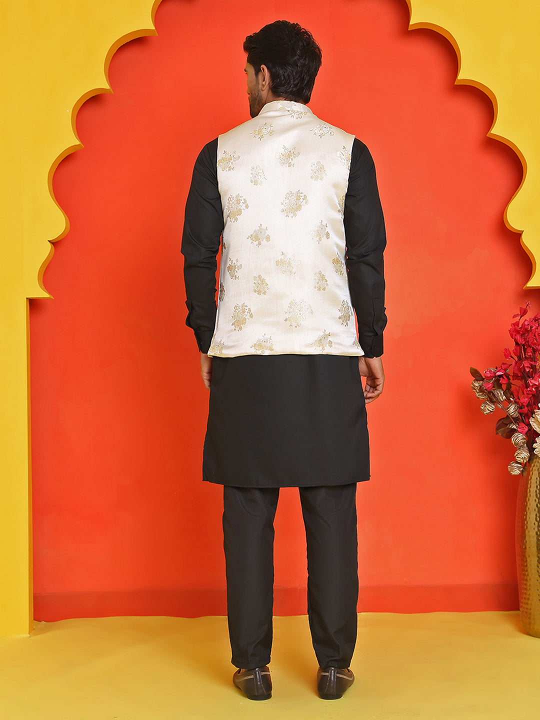 Embossed  Nehru Jacket With Solid Kurta Pyjama.
