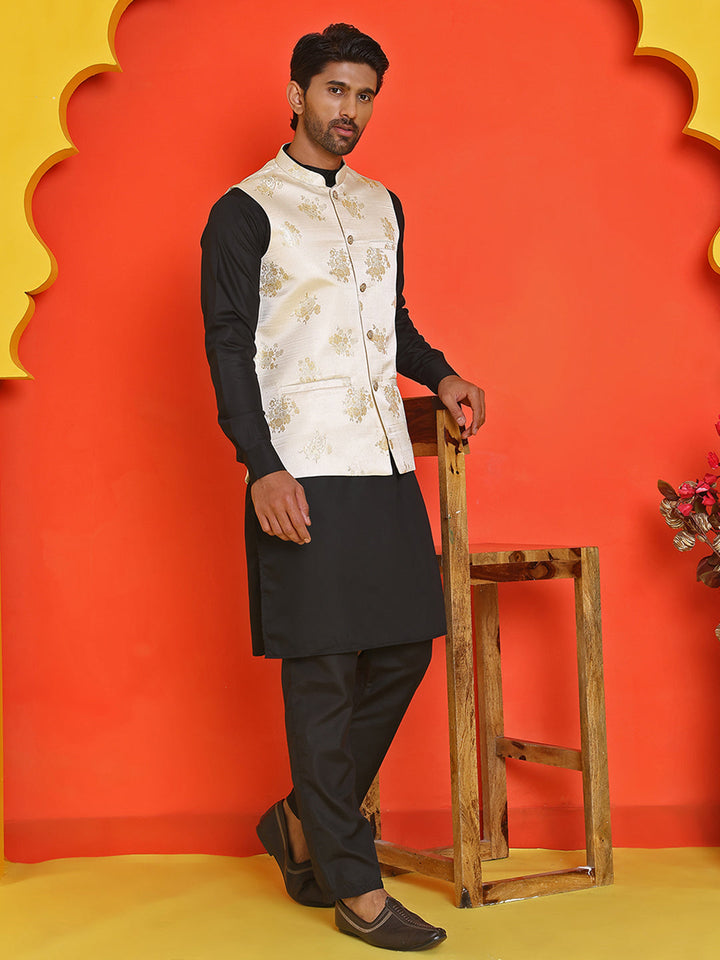 Embossed  Nehru Jacket With Solid Kurta Pyjama.