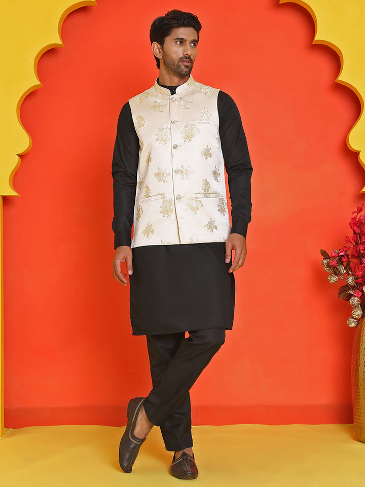 Embossed  Nehru Jacket With Solid Kurta Pyjama.