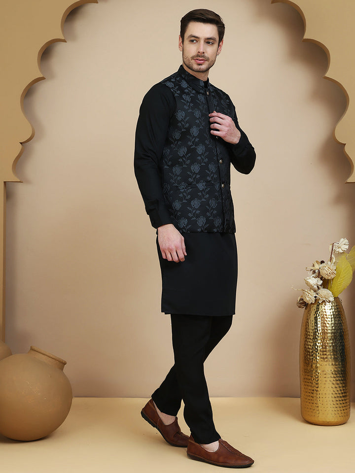 Embossed Nehru Jacket With Solid Kurta Set For Men
