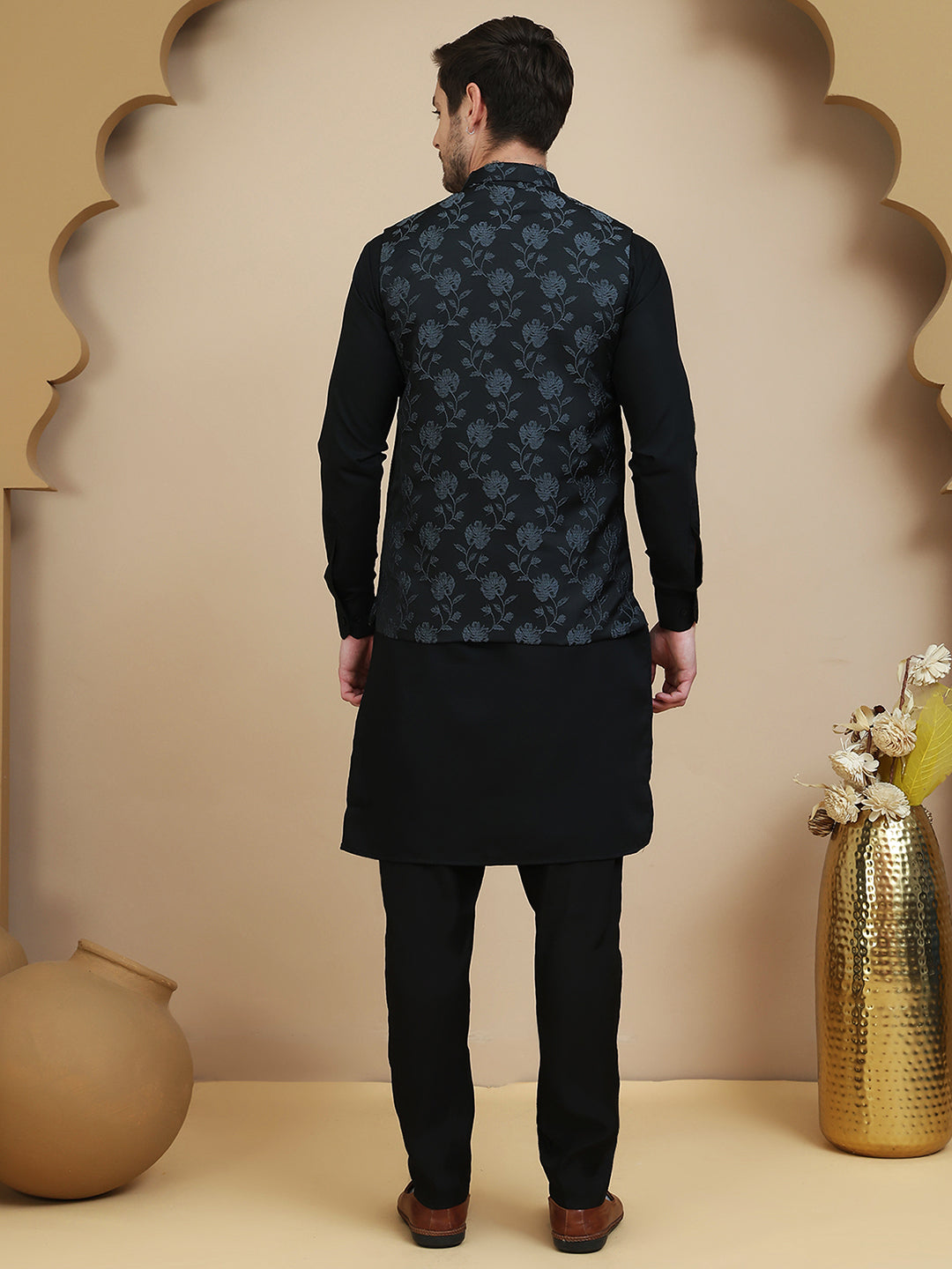 Embossed Nehru Jacket With Solid Kurta Set For Men