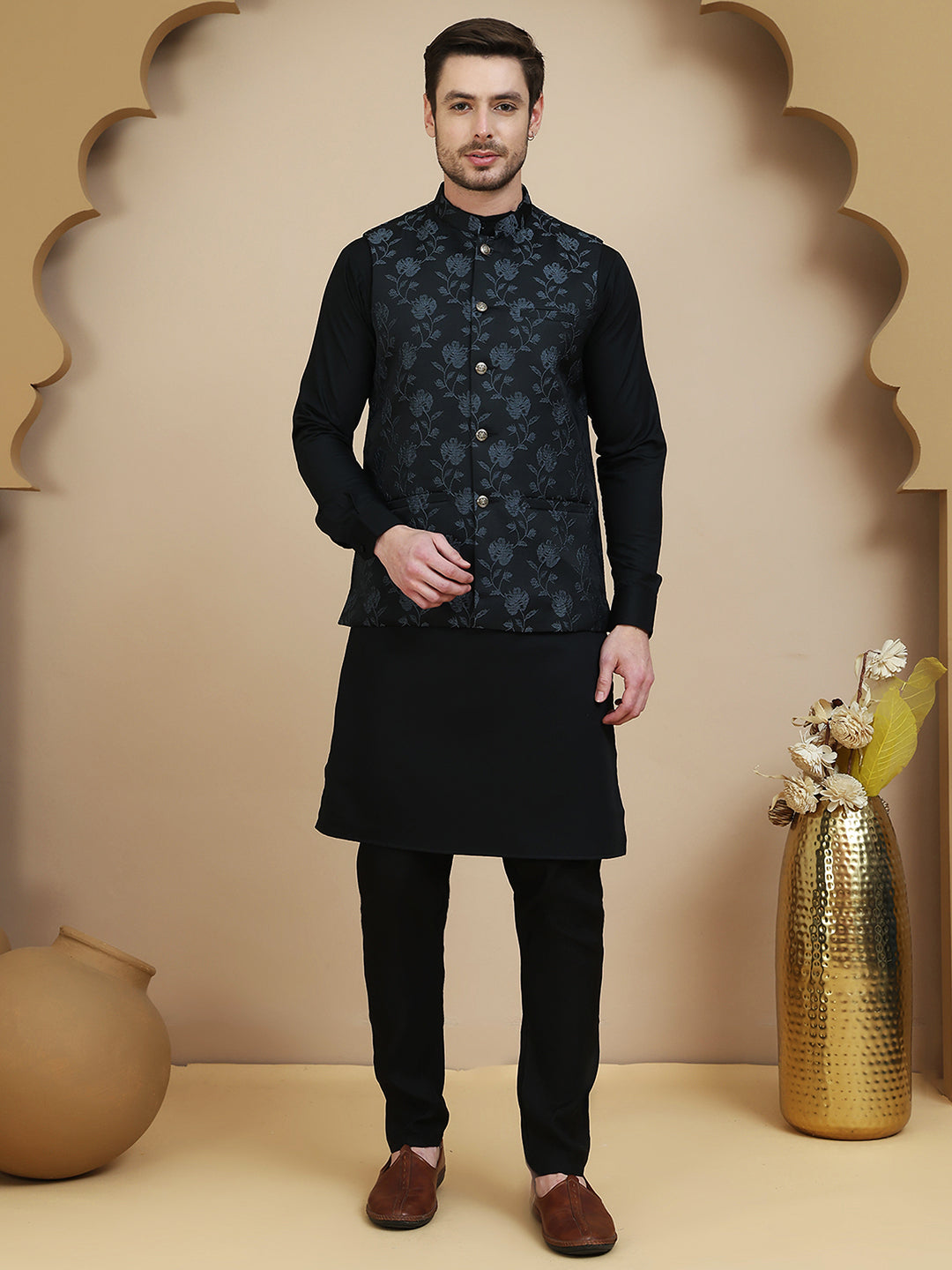 Embossed Nehru Jacket With Solid Kurta Set For Men