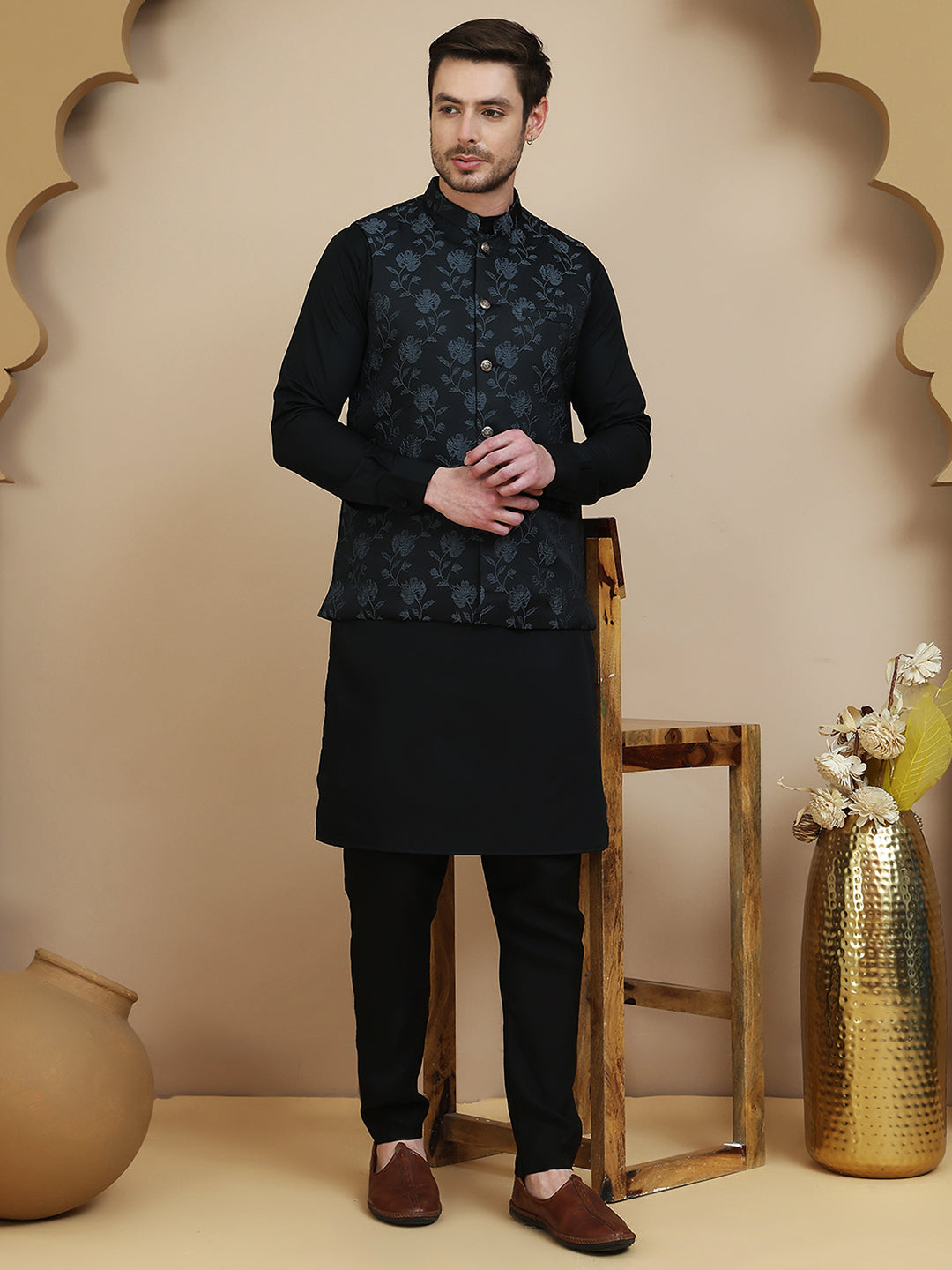 Embossed Nehru Jacket With Solid Kurta Set For Men