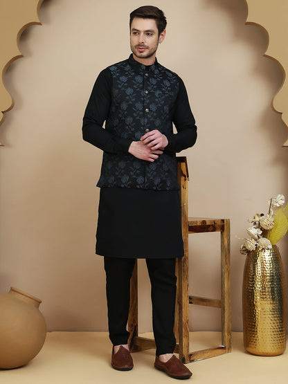 Embossed Nehru Jacket With Solid Kurta Set For Men