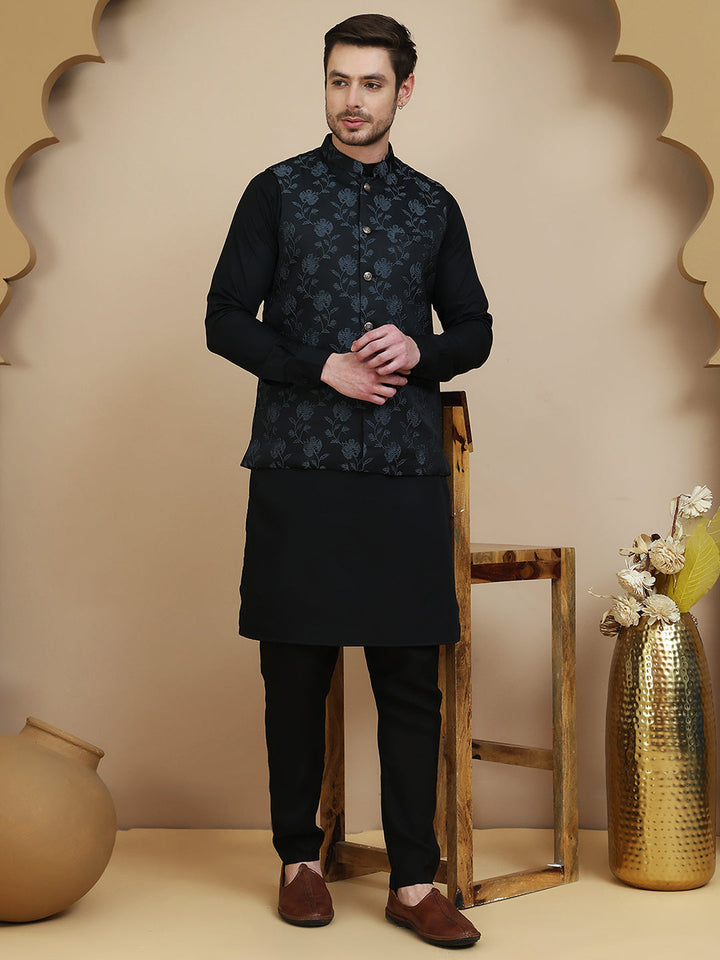Embossed Nehru Jacket With Solid Kurta Set For Men
