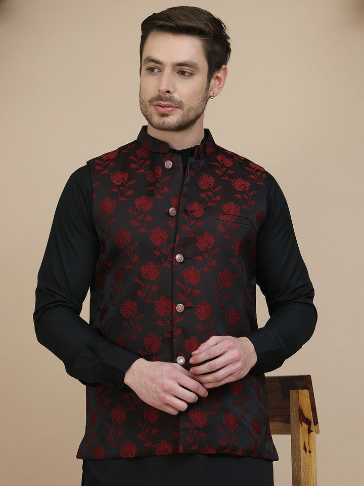 Embossed Nehru Jacket With Solid Kurta Set For Men