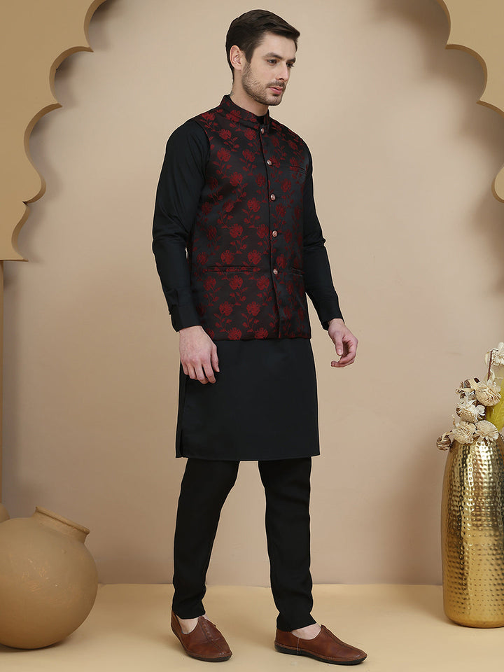 Embossed Nehru Jacket With Solid Kurta Set For Men