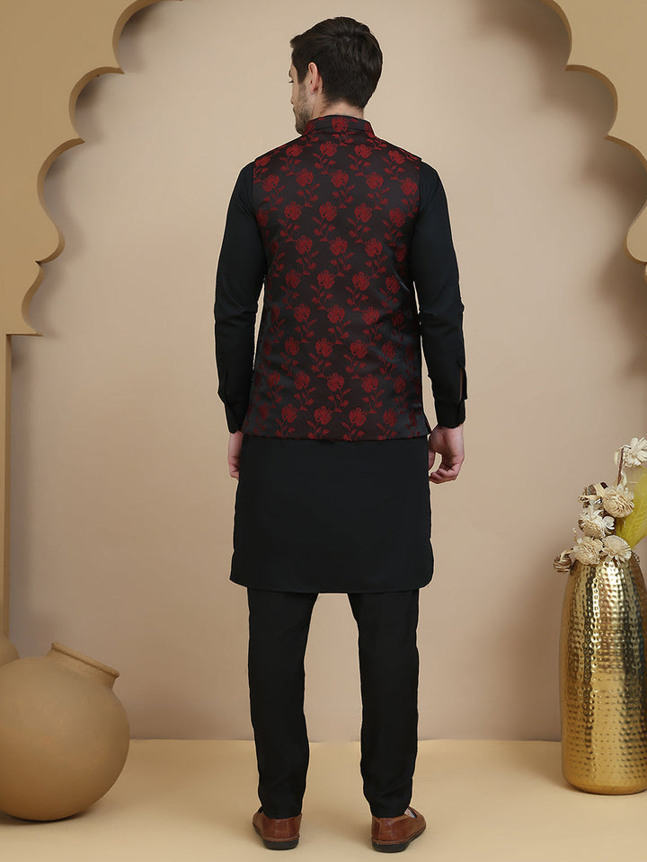 Embossed Nehru Jacket With Solid Kurta Set For Men