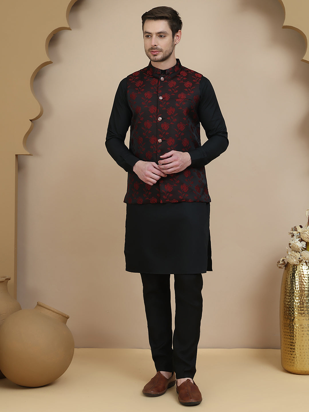 Embossed Nehru Jacket With Solid Kurta Set For Men