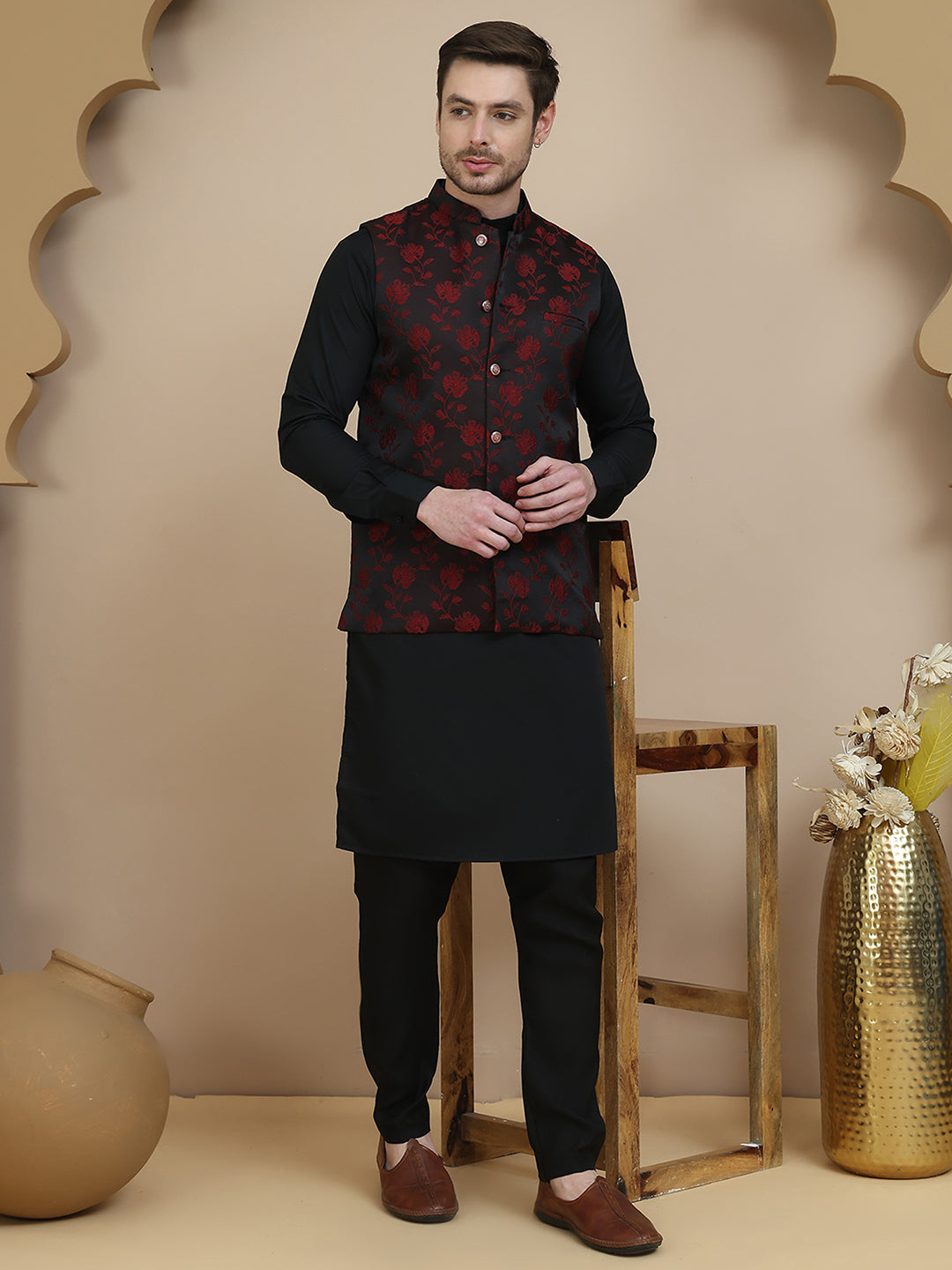 Embossed Nehru Jacket With Solid Kurta Set For Men