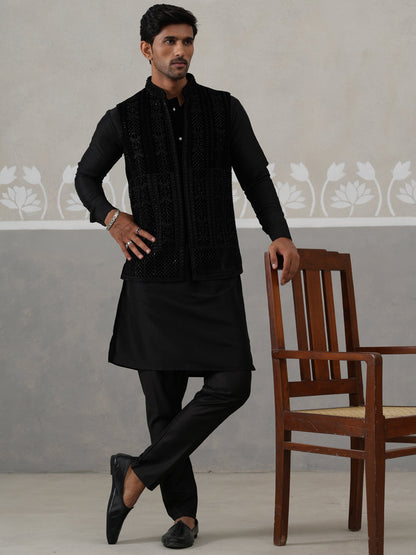 Black Velvet Nehru Jacket With Kurta Pyjama Set