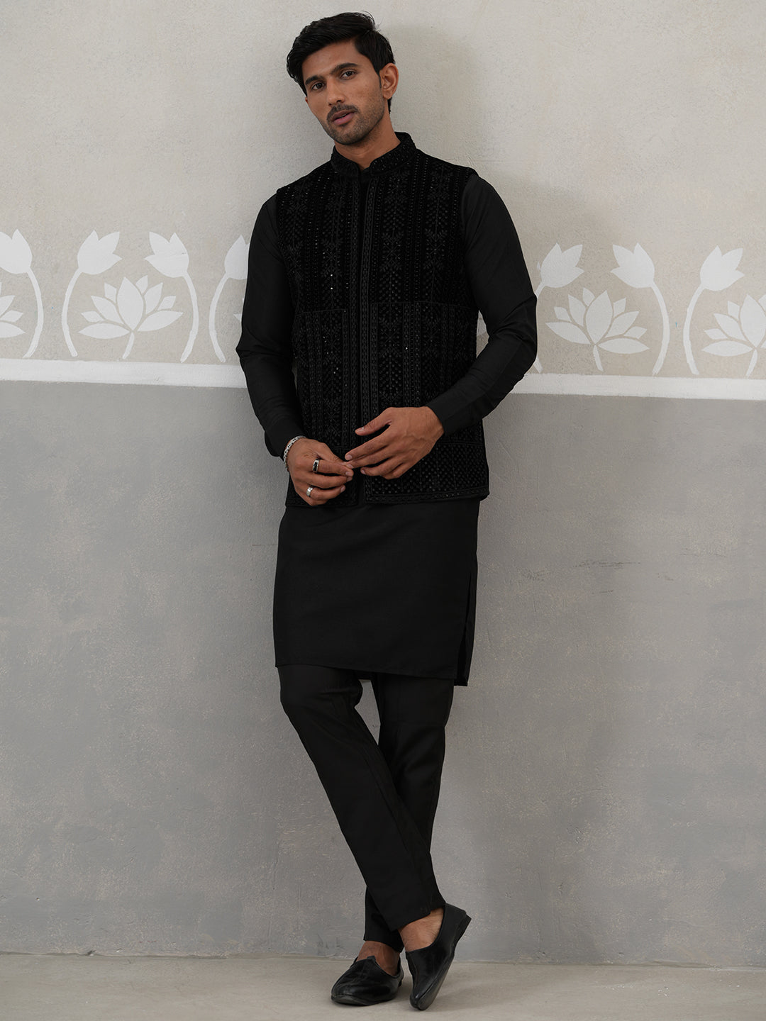 Black Velvet Nehru Jacket With Kurta Pyjama Set