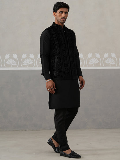 Black Velvet Nehru Jacket With Kurta Pyjama Set
