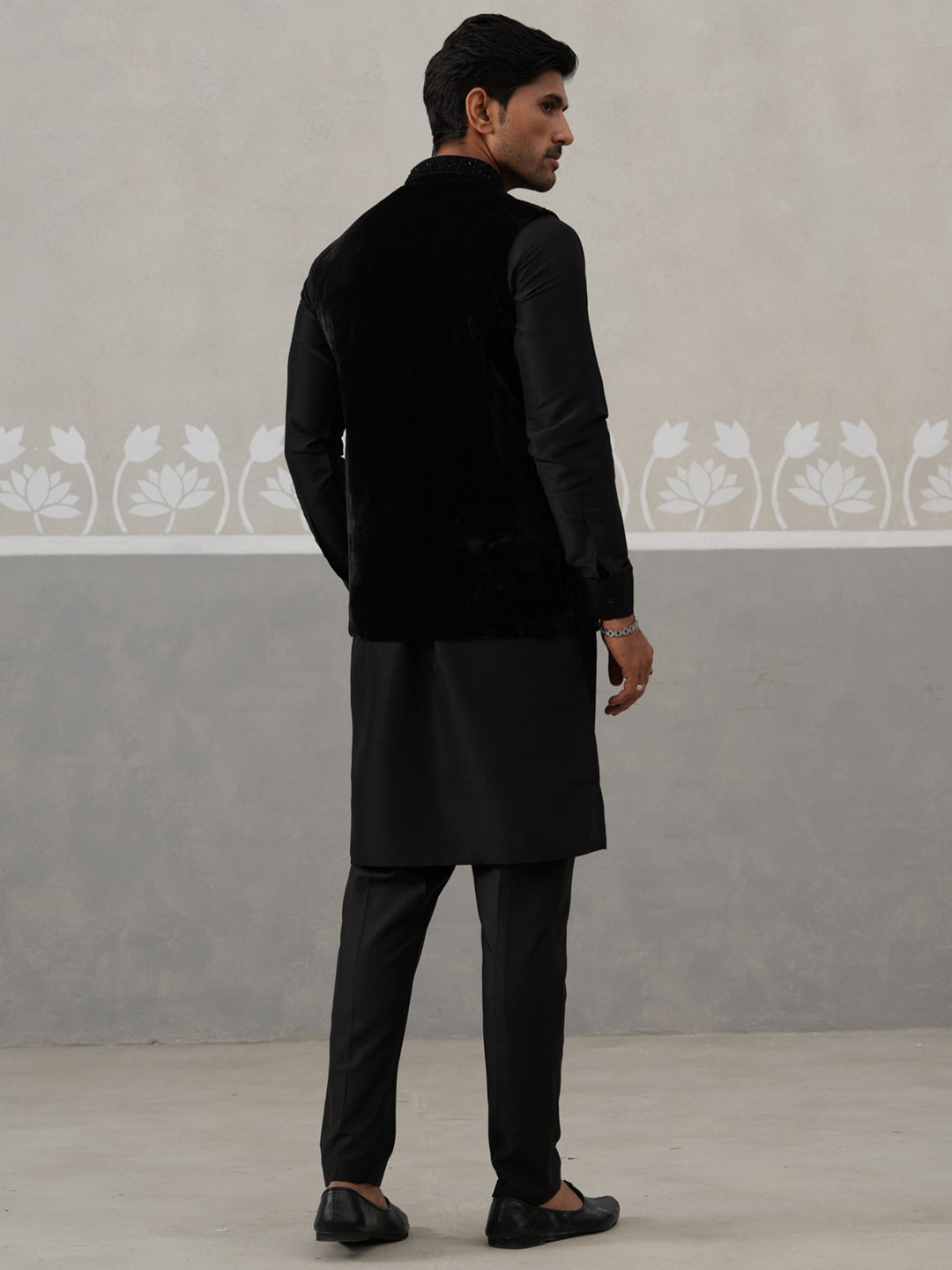 Black Velvet Nehru Jacket With Kurta Pyjama Set