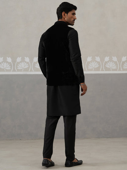 Black Velvet Nehru Jacket With Kurta Pyjama Set