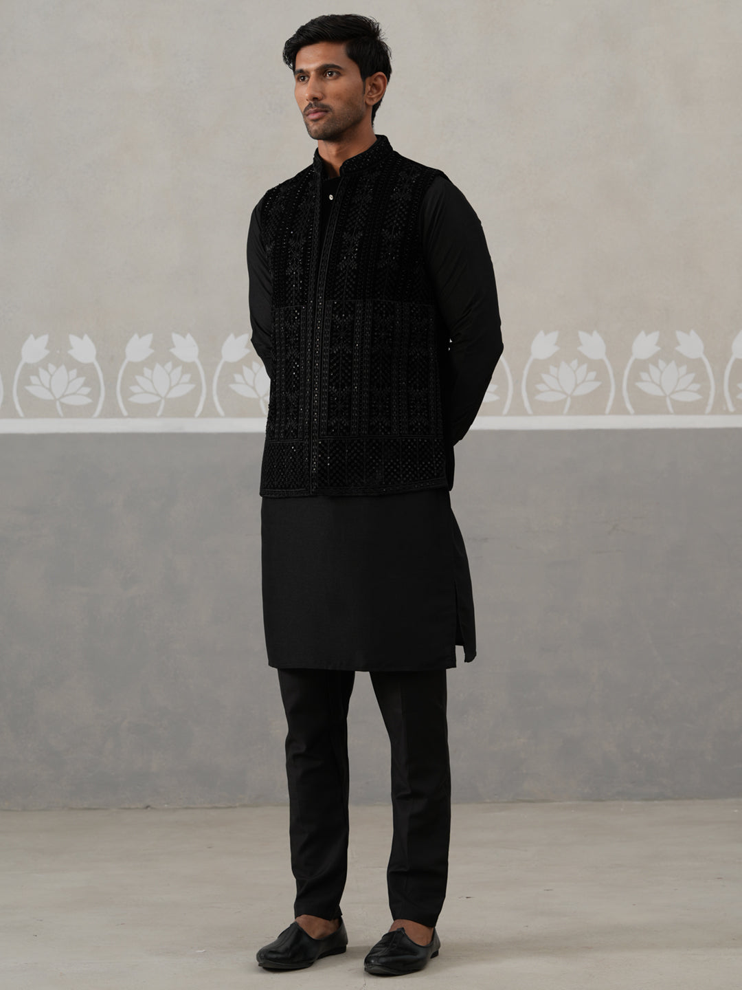 Black Velvet Nehru Jacket With Kurta Pyjama Set
