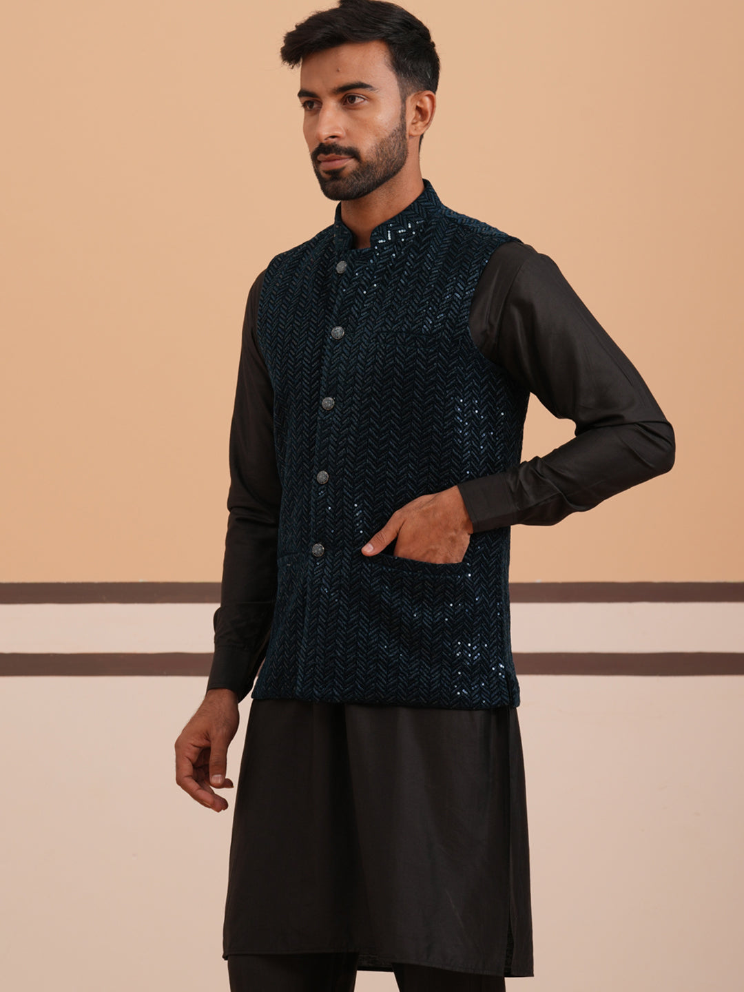 Luxury Velvet Nehru Jacket Paired With Solid Kurta Pyjama
