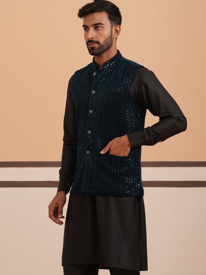 Luxury Velvet Nehru Jacket Paired With Solid Kurta Pyjama