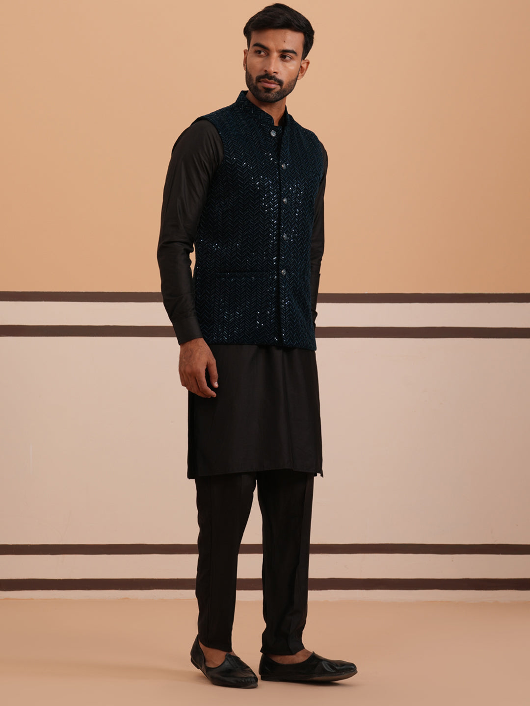 Luxury Velvet Nehru Jacket Paired With Solid Kurta Pyjama