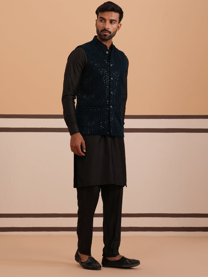 Luxury Velvet Nehru Jacket Paired With Solid Kurta Pyjama