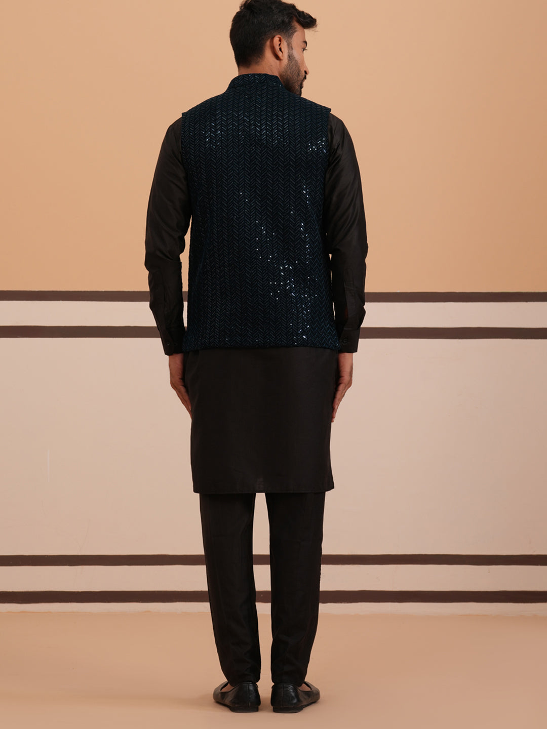 Luxury Velvet Nehru Jacket Paired With Solid Kurta Pyjama