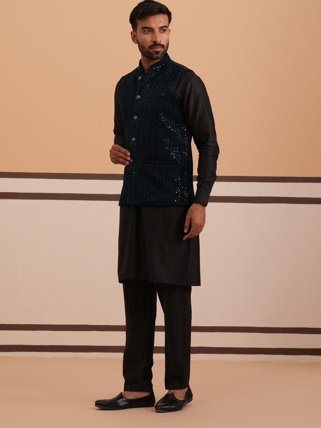 Luxury Velvet Nehru Jacket Paired With Solid Kurta Pyjama