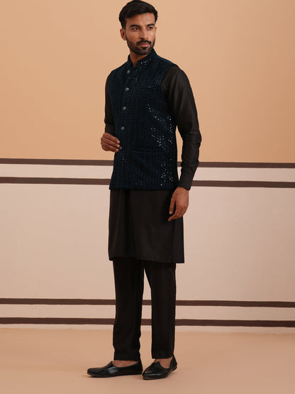 Luxury Velvet Nehru Jacket Paired With Solid Kurta Pyjama