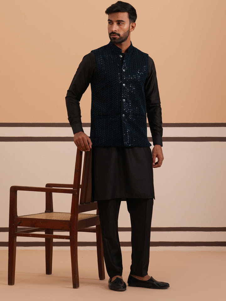 Luxury Velvet Nehru Jacket Paired With Solid Kurta Pyjama