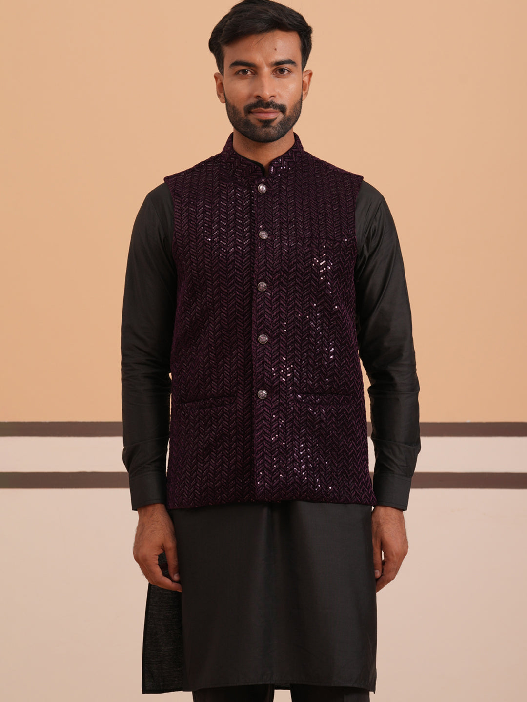 Luxury Velvet Nehru Jacket Paired With Solid Kurta Pyjama