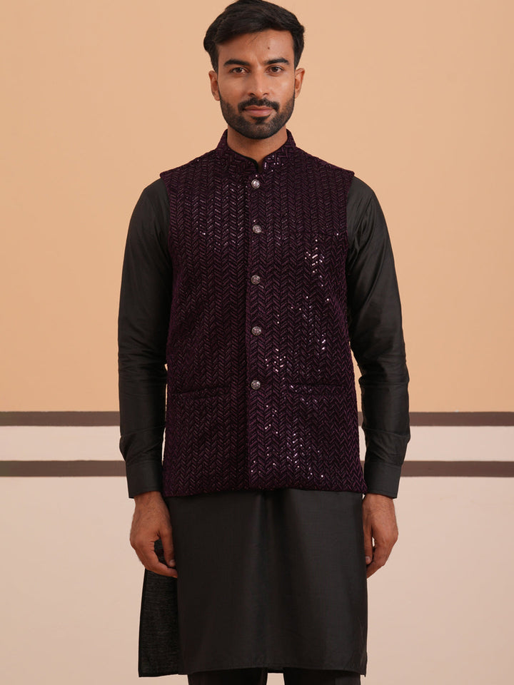 Luxury Velvet Nehru Jacket Paired With Solid Kurta Pyjama