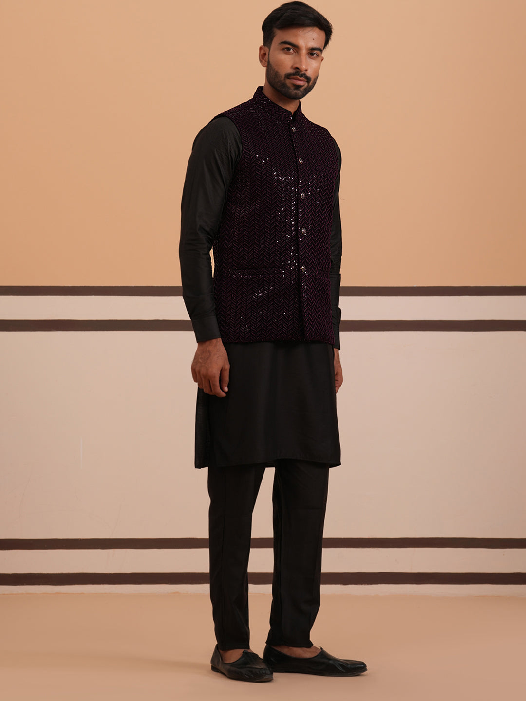 Luxury Velvet Nehru Jacket Paired With Solid Kurta Pyjama