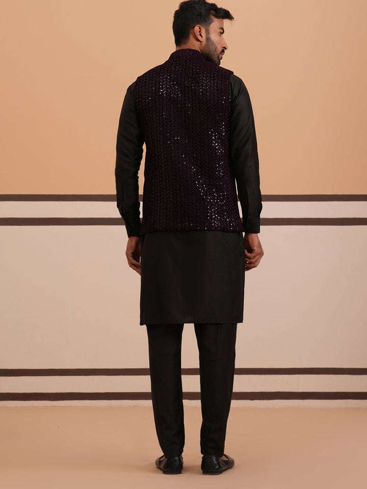 Luxury Velvet Nehru Jacket Paired With Solid Kurta Pyjama
