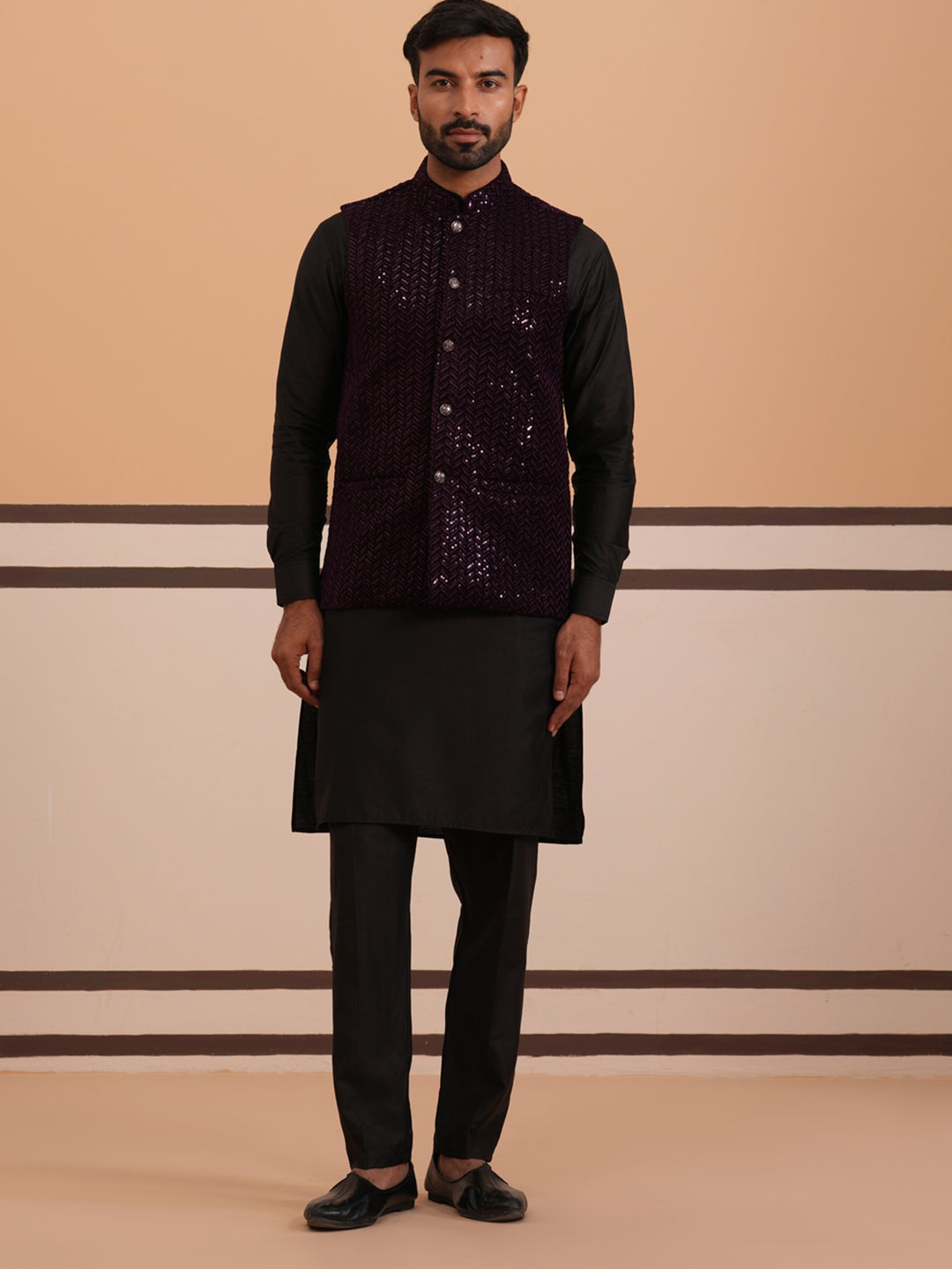 Luxury Velvet Nehru Jacket Paired With Solid Kurta Pyjama